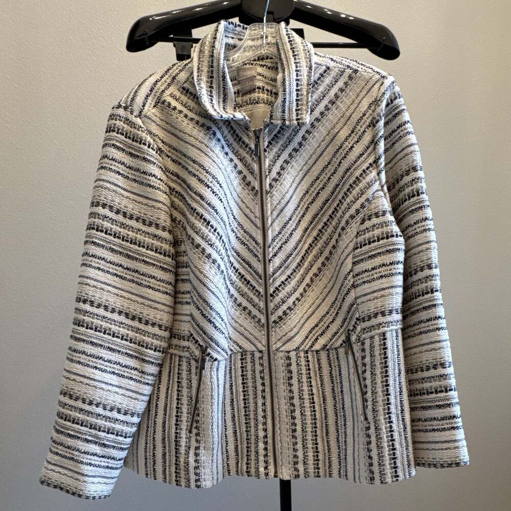 Chico's Beige black tweed Zip Front Jacket Lined Pockets Collared Size 3 XL